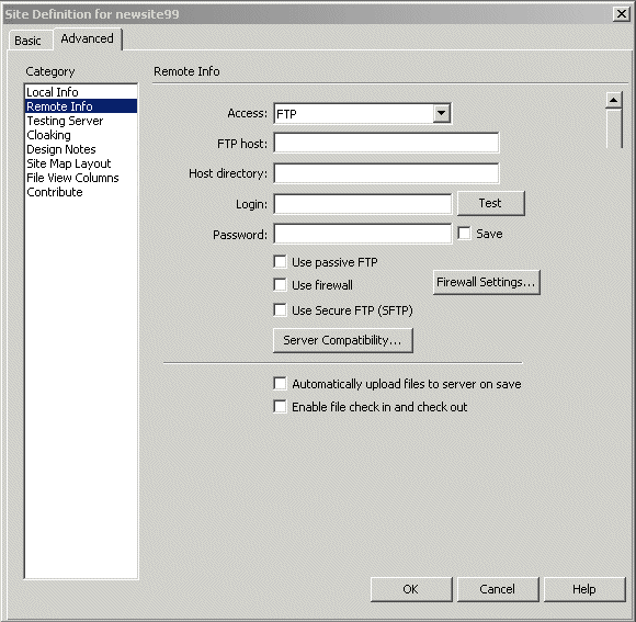 Dreamweaver's Site Definition Dialog with the Remote Info pane displayed