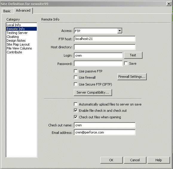 Dreamweaver's Site Definition Dialog, showing where the user's email address must match.