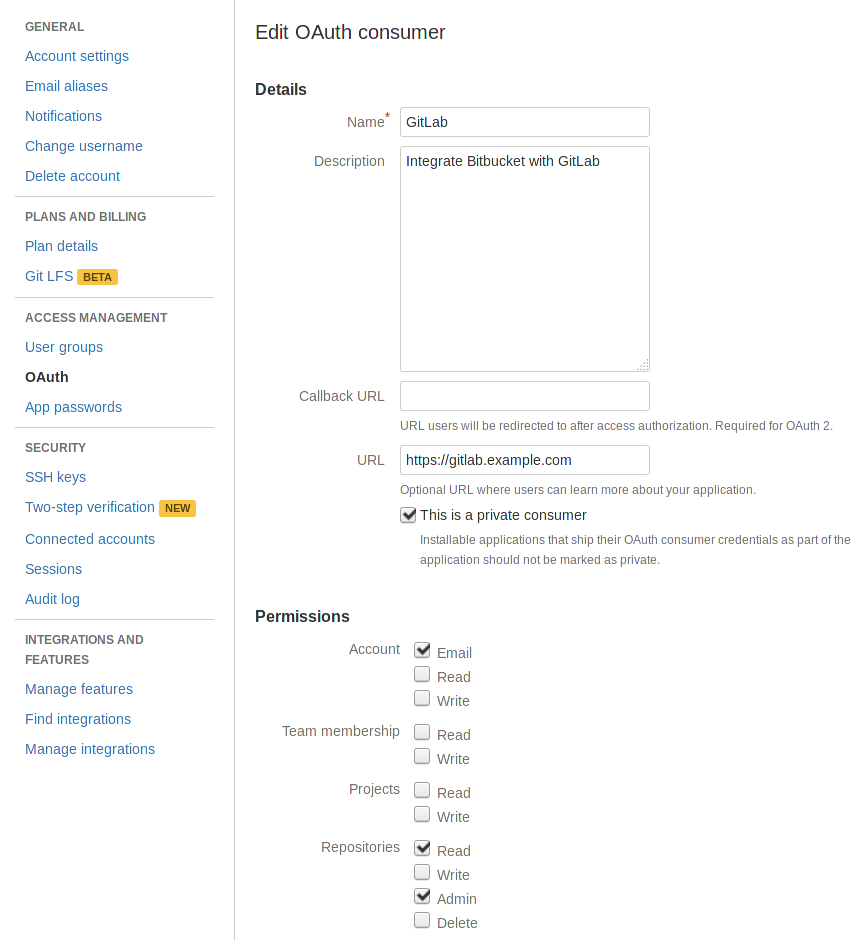 Bitbucket OAuth settings page